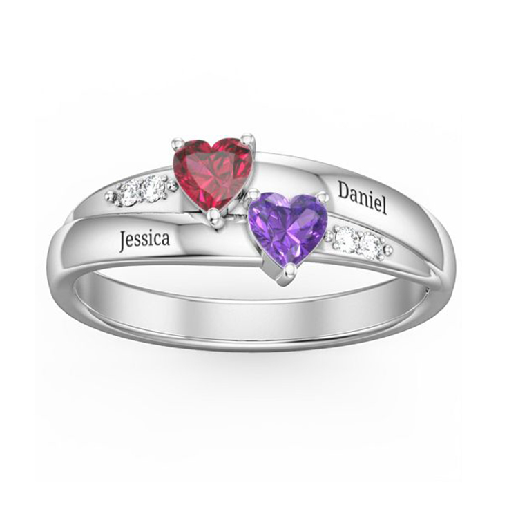 Wholesale Silver Jewelry Custom Double Heart Shape Birthstone Lettering 925 Sterling Silver Women Wedding Ring
